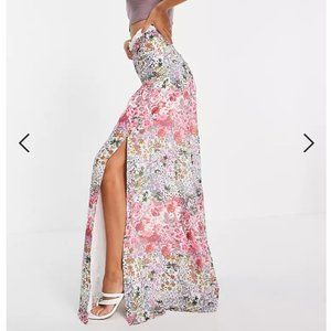 Hope & Ivy floral maxi skirt w/ lace & thigh split